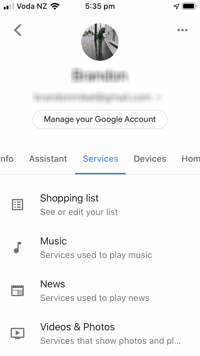 The home page of the Google Assistant app with the Services tab selected.