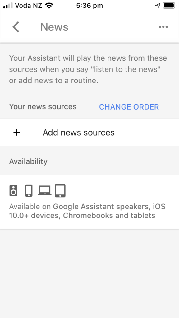  A view on the Google Assistant app when selecting News from the Services tab.
