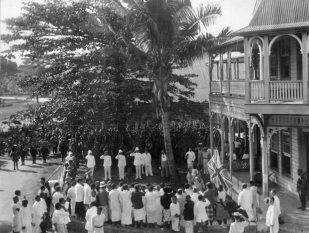 Raising the union jack in Samoa photographed on August by Alfred James Tattersall ATL Ref PA q